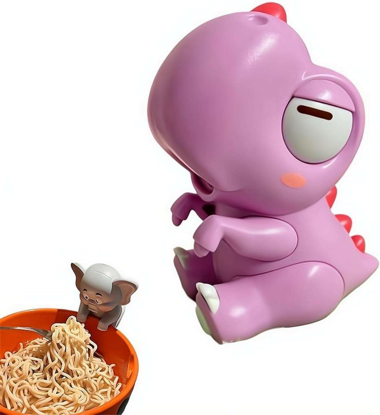 Pink dinosaur clip-on mini food cooling fan next to a bowl of noodles