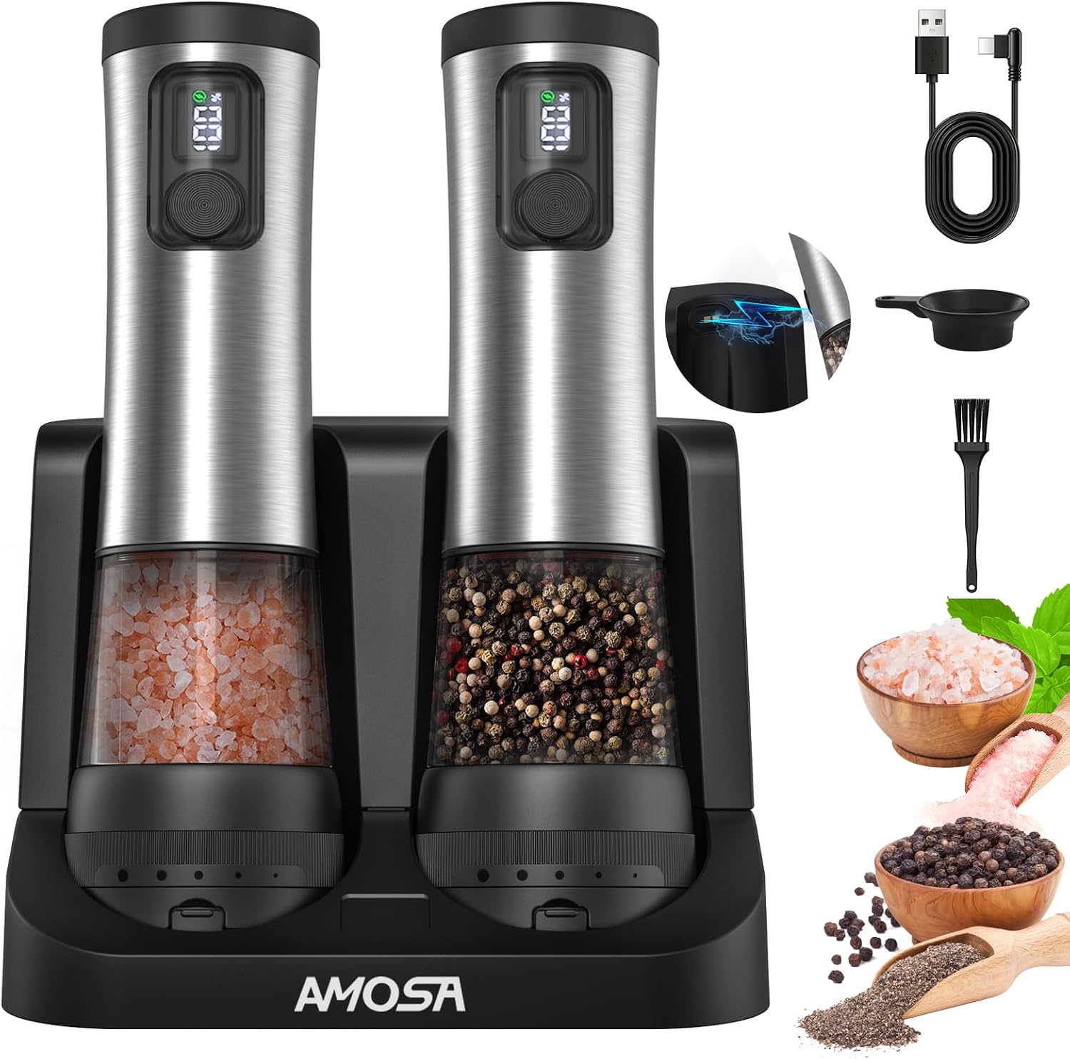 AMOSA electric salt and pepper grinder set in stainless steel with clear spice containers on a black dual charging base