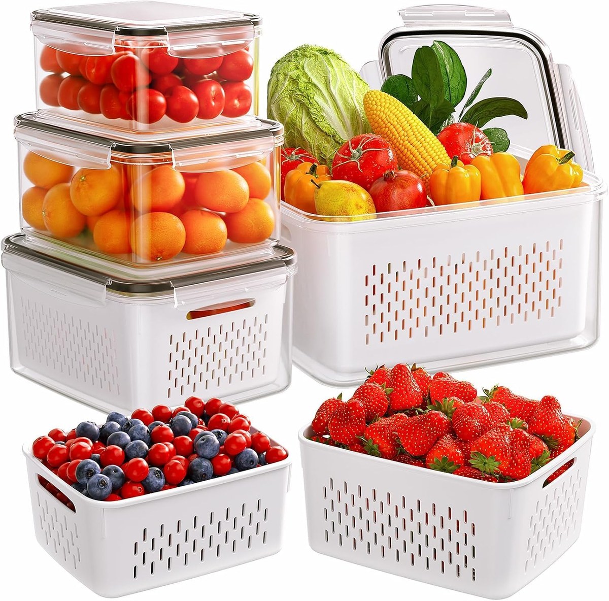 LATERN set of five clear fruit storage containers with white lift-out colanders, filled with berries, oranges, tomatoes and fresh veg