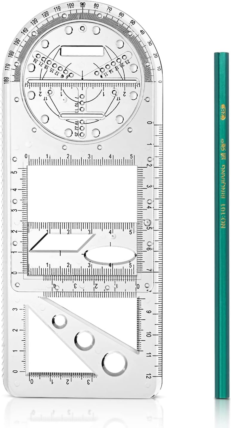 Clear multifunctional geometric drawing ruler with movable protractor dial and shape cutouts