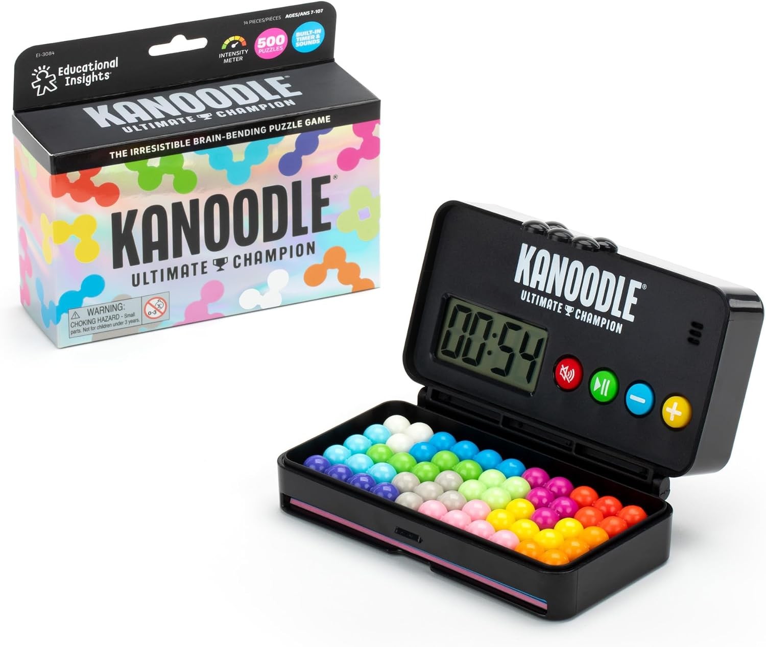 Kanoodle Ultimate Champion puzzle game with its black case, built-in countdown timer and colourful puzzle pieces