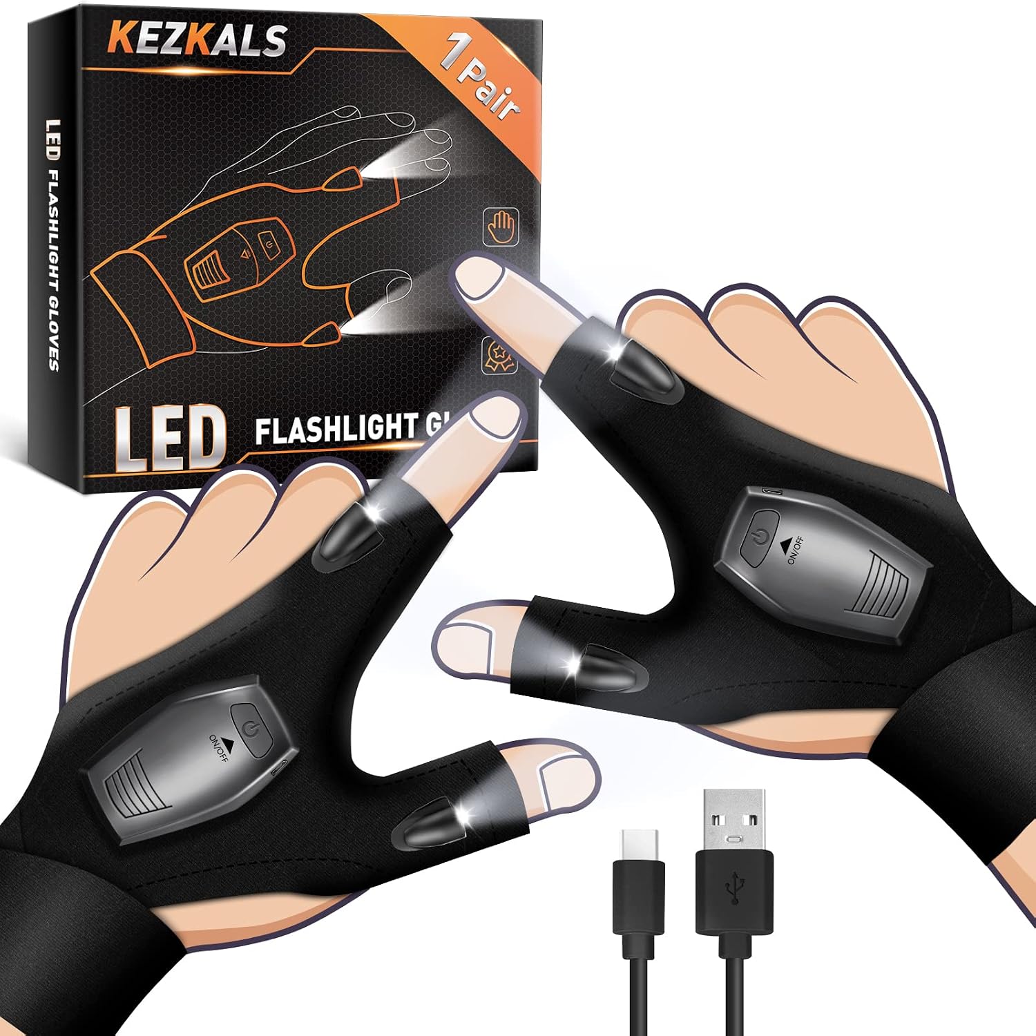 KEZKALS rechargeable LED flashlight gloves with USB charging cable