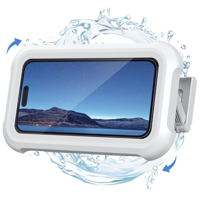 Lamicall waterproof shower phone holder in white with a phone sealed inside and the rotating wall bracket