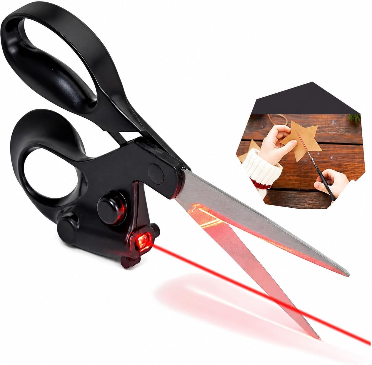 Black laser guided scissors projecting a straight red laser line along the cutting path