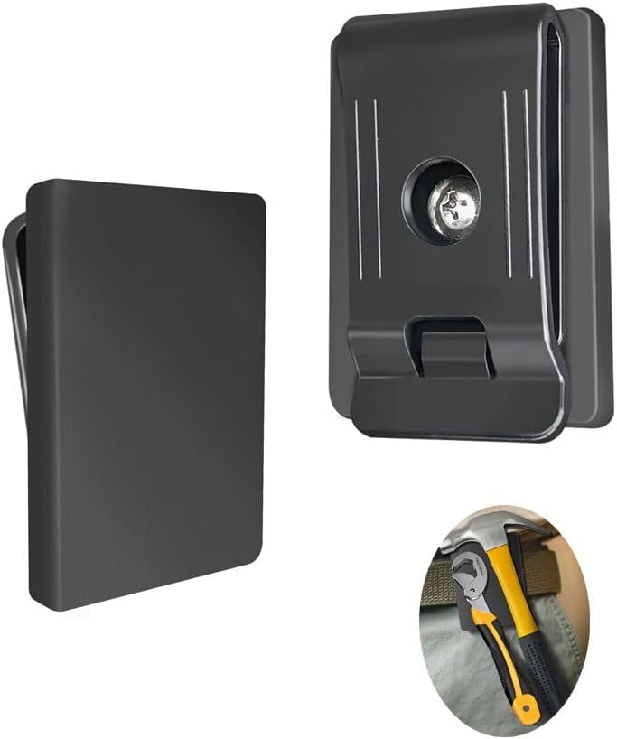 Black magnetic belt clip tool holder with a hammer and spanner attached