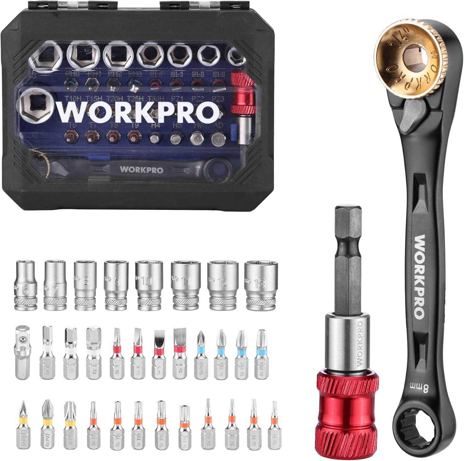 WORKPRO 34-piece mini ratchet wrench and bit set with gold ratchet head, red magnetic bit holder and metric sockets in a black case