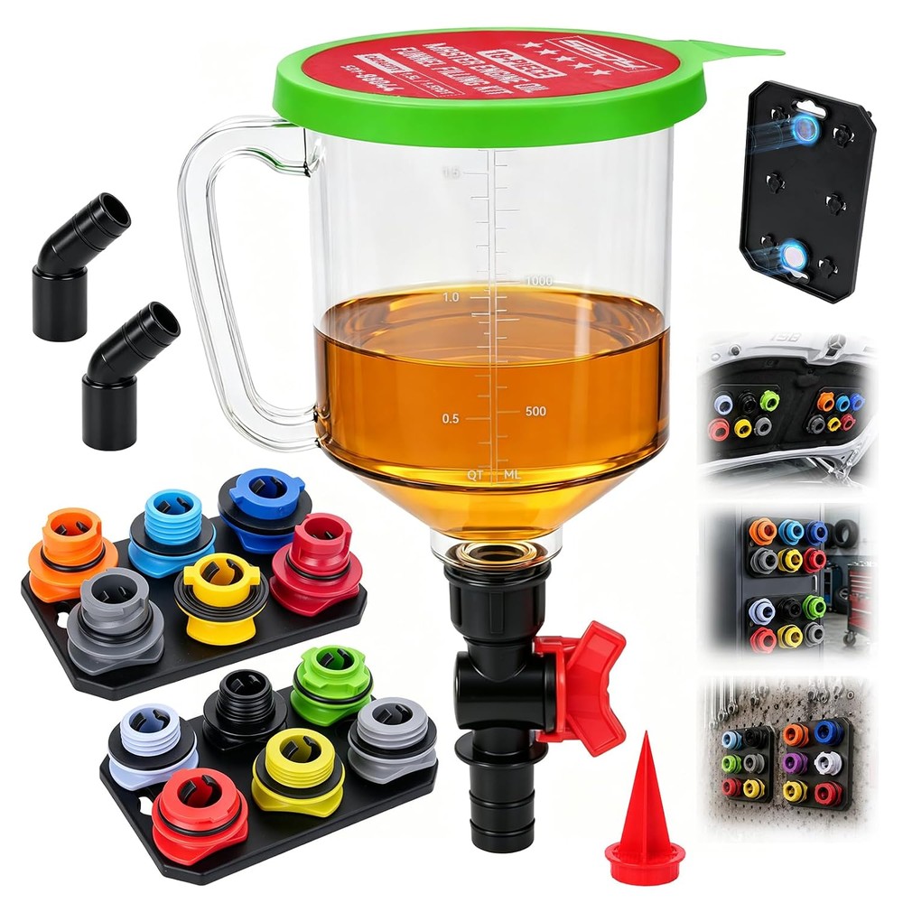 No-spill oil funnel kit with a clear 1.5 litre jug, green lid, red shut-off valve, colour-coded adapters on magnetic trays and two elbow fittings