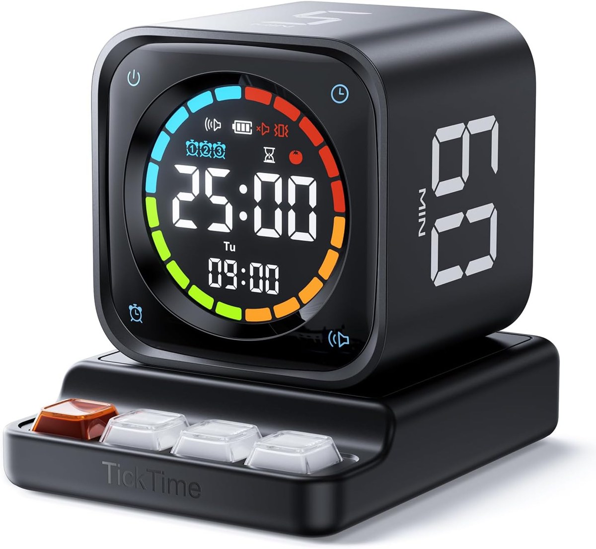 Black Ticktime TK3 pomodoro flip timer cube with a colourful LED countdown ring, standing on its retro keyboard-style base