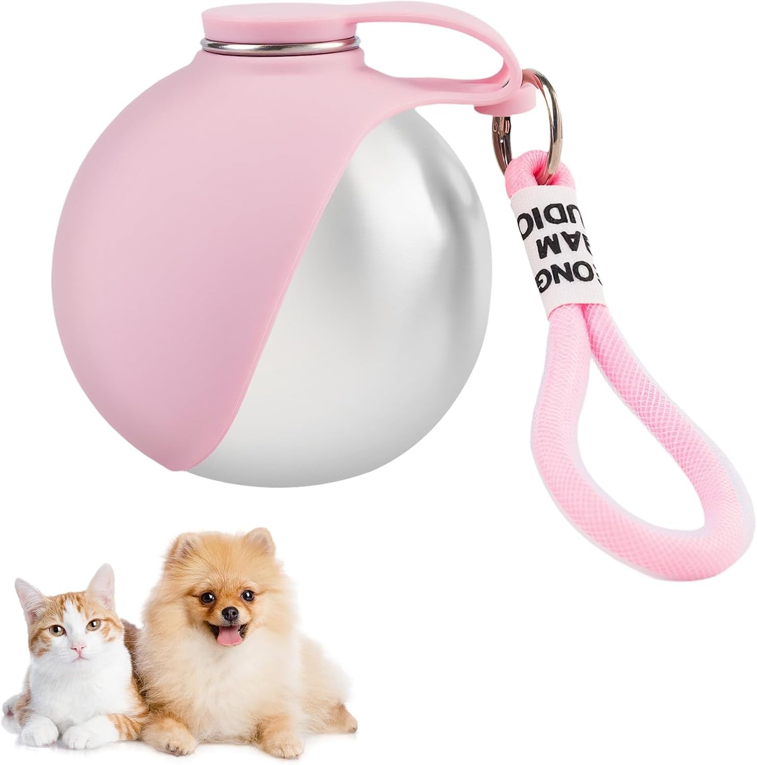 Pink and stainless steel 2-in-1 portable dog water bottle with a fold-out silicone bowl and carry loop