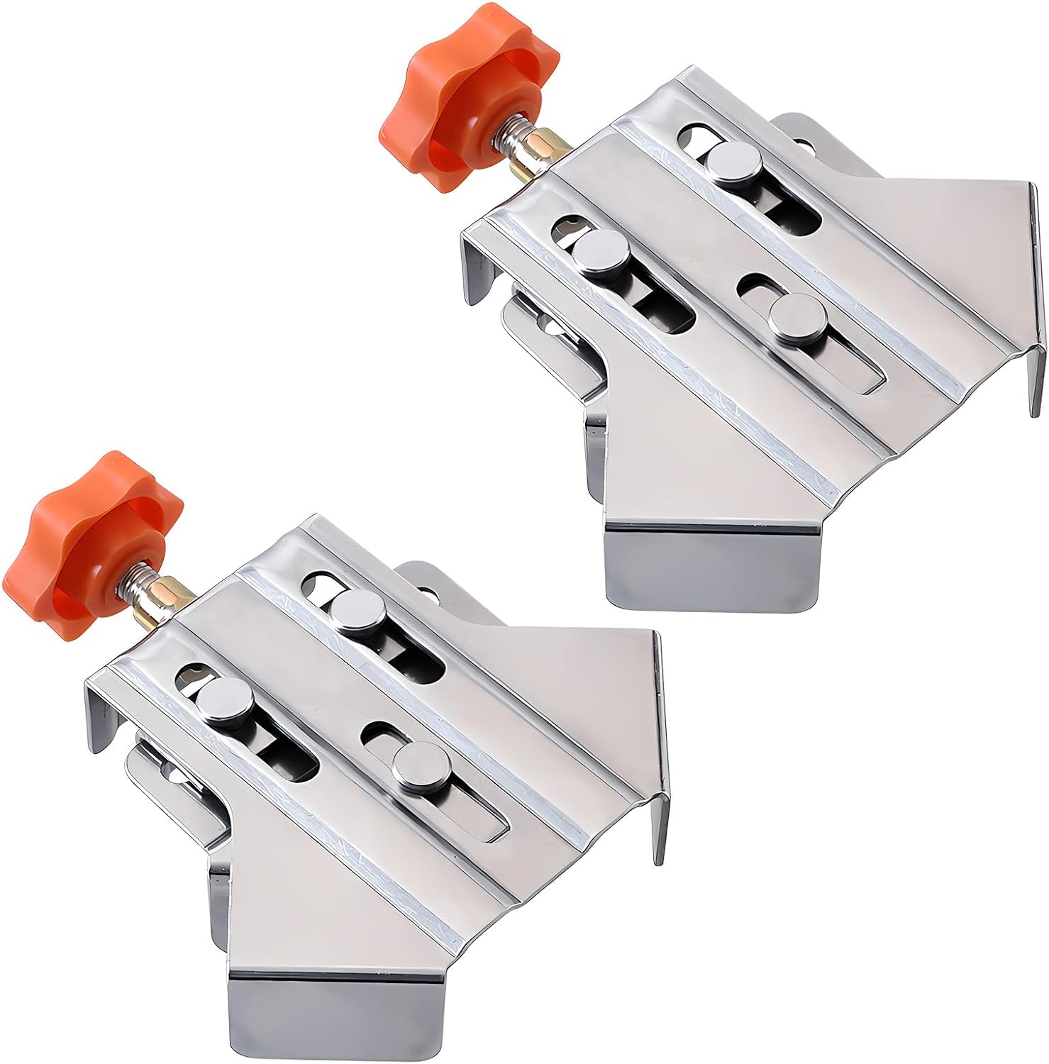 Two stainless steel 90 degree corner clamps with orange tightening knobs and slotted adjustable jaws