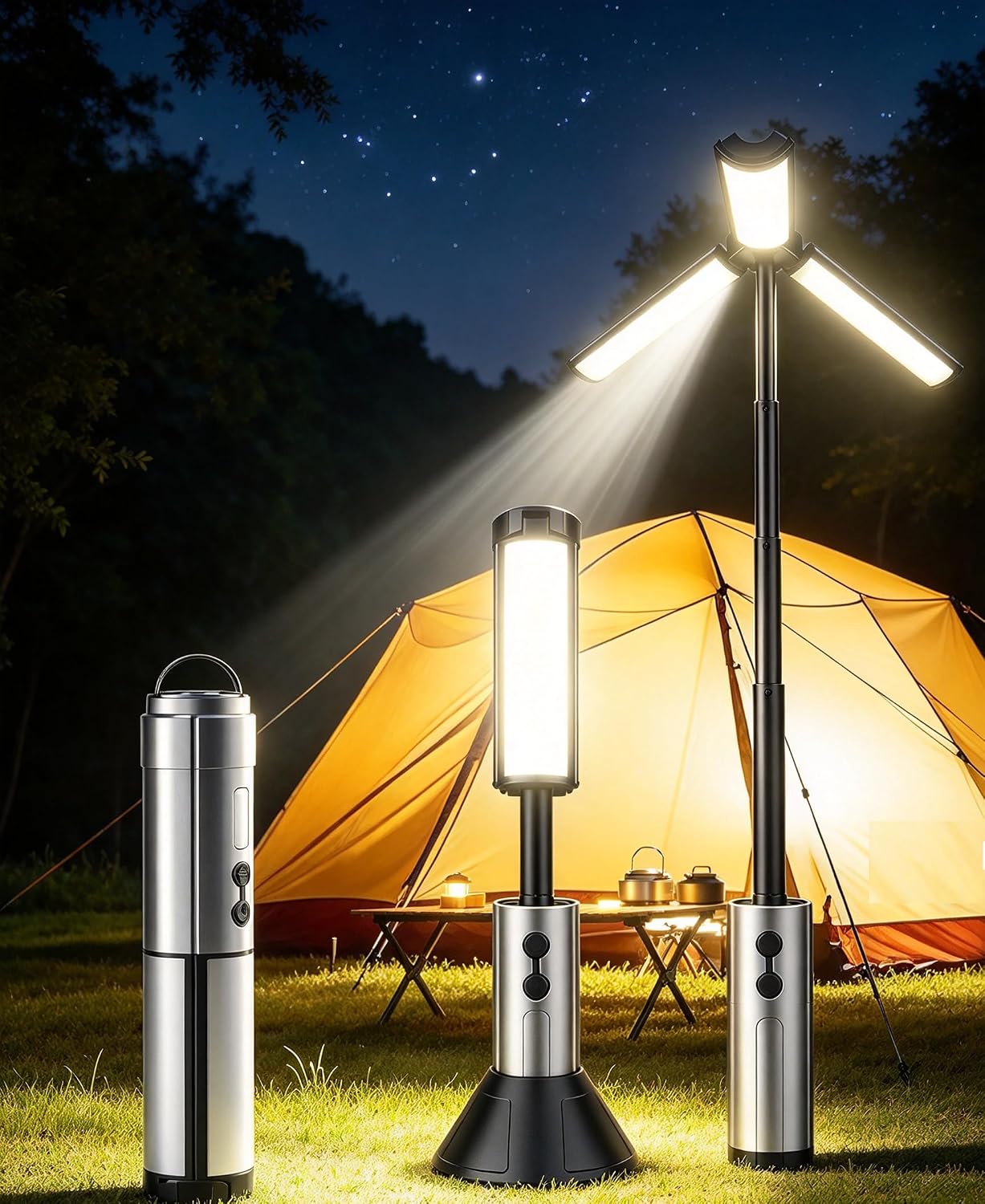 Silver telescopic camping lantern shown folded as a torch, standing on its base with the lantern tube out, and fully extended with three light panels open beside a tent