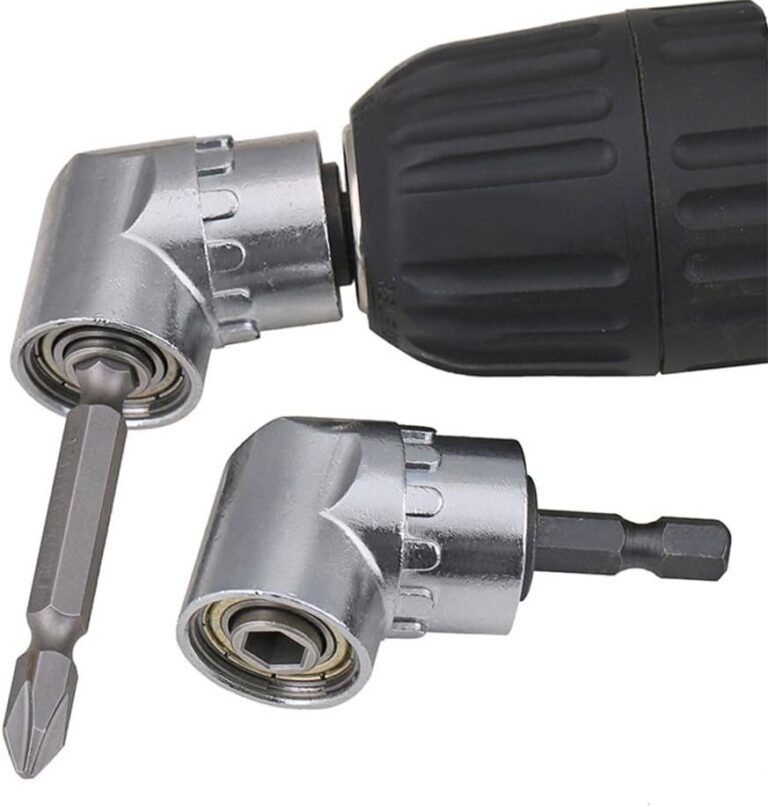 TIMESETL 105 degree right angle drill attachment in silver chrome, fitted to a drill chuck with a screwdriver bit