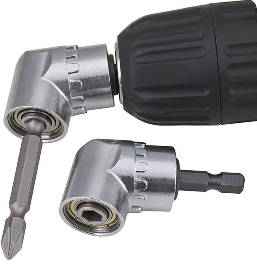 TIMESETL 105 degree right angle drill attachment in silver chrome, fitted to a drill chuck with a screwdriver bit