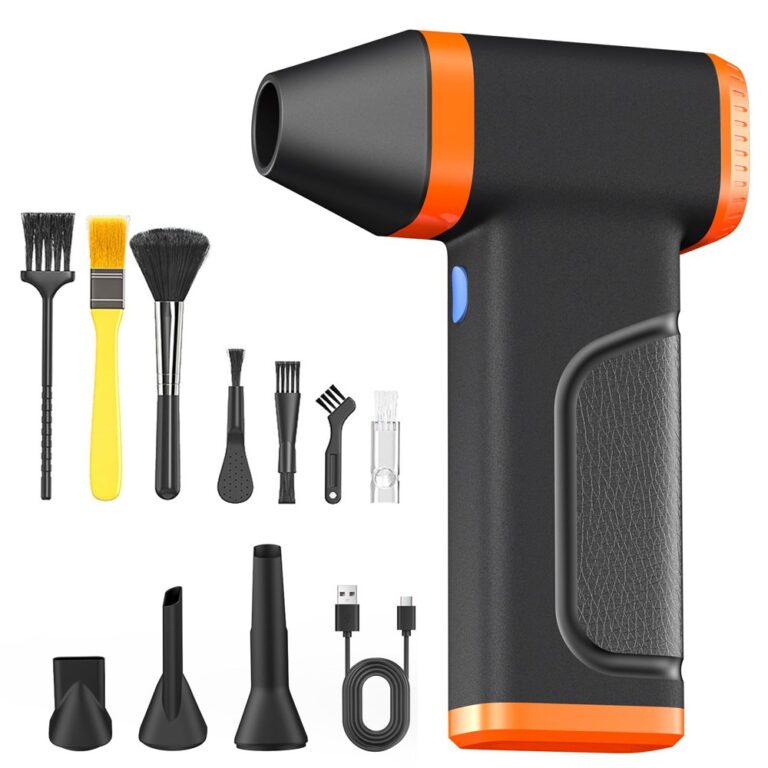WOWDSGN cordless electric air duster in black and orange with nozzles, brushes and USB-C cable